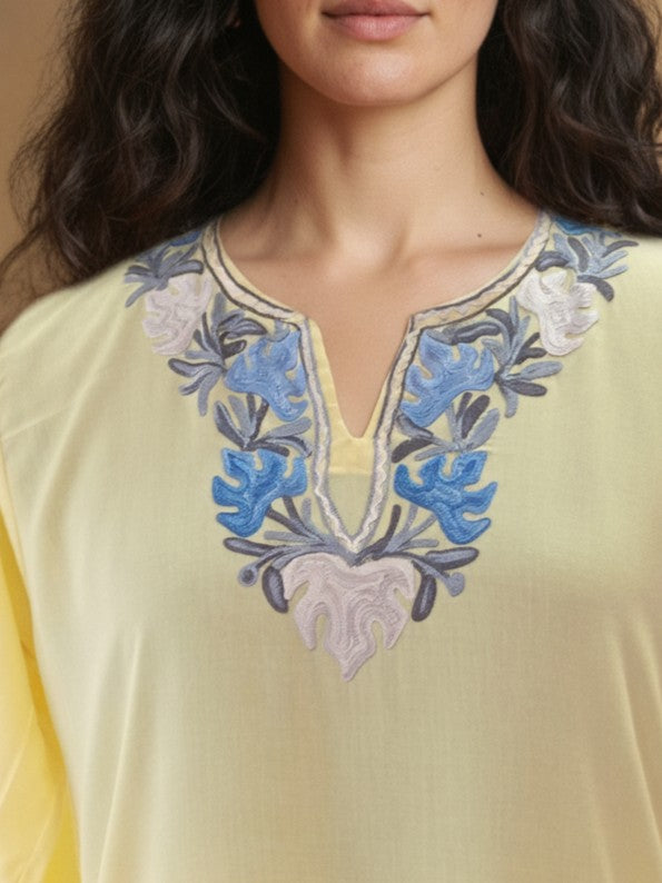 Lime Yellow Cotton Kurti With Floral Embroidery