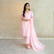 Pink Upada Silk Suit with Viscose Organza Dupatta