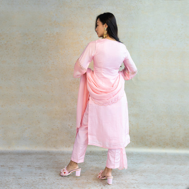 Pink Upada Silk Suit with Viscose Organza Dupatta