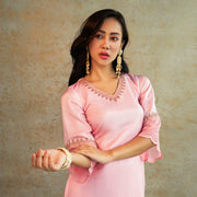 Pink Upada Silk Suit with Viscose Organza Dupatta