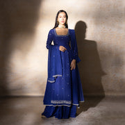 Navy Blue Double Layered Anarkali With Flared Palazzo