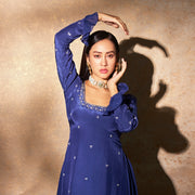 Navy Blue Double Layered Anarkali With Flared Palazzo