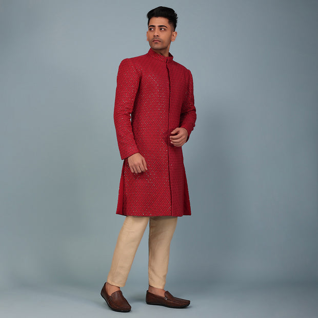 Maroon Lucknowi Sherwani With Beige Raw Silk Pyjamas