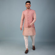 Brown Monochrome Raw Silk Kurta With Nehru Jacket Set