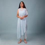Sky Blue Cape Dress With Fitted Upada Silk Pant And Crop Top