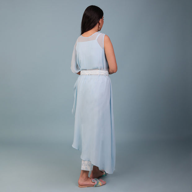 Sky Blue Cape Dress With Fitted Upada Silk Pant And Crop Top