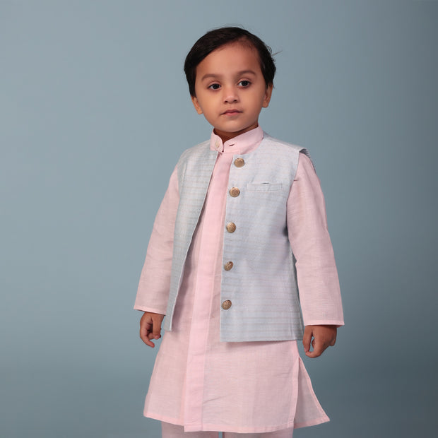 Kids Pale Pink Linen Kurta With Pyjama & Sky Blue Nehru Jacket
