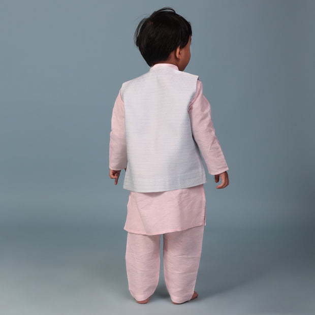 Kids Pale Pink Linen Kurta With Pyjama & Sky Blue Nehru Jacket