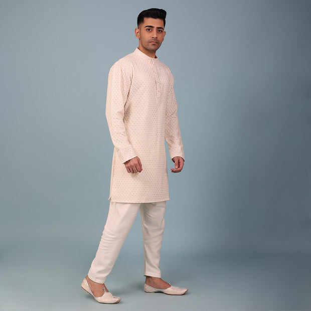 Ivory Lucknowi Kurta With Silk Pyjamas