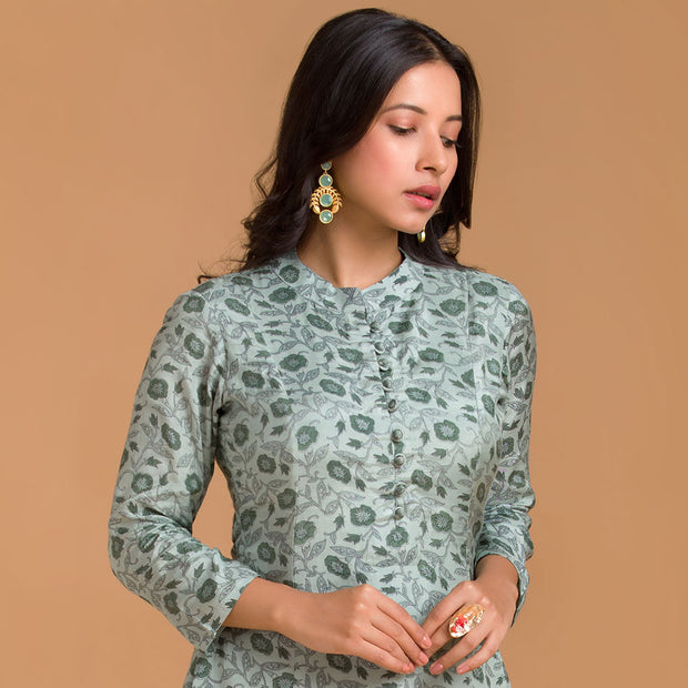 Pista Green Floral Printed Viscose Muslin Kurta With Straight Pant