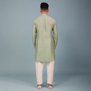 Sea Green Raw Silk Kurta With Ivory Pyjamas