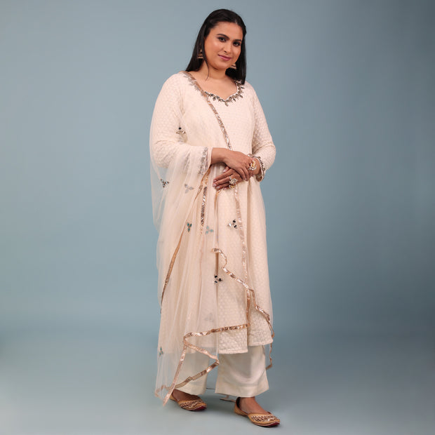 Ivory Lucknowi Anarkali Suit with Upada Silk Pants and Net Dupatta