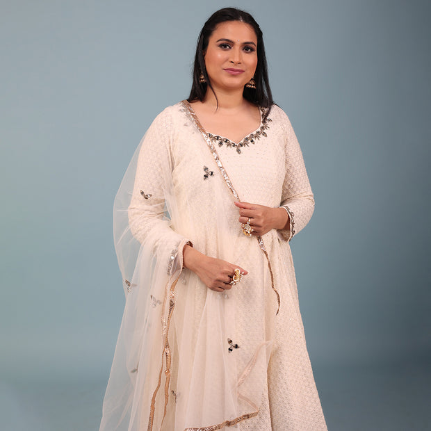 Ivory Lucknowi Anarkali Suit with Upada Silk Pants and Net Dupatta