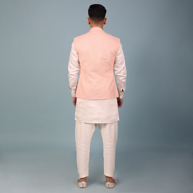 Peach Lucknowi Nehru Jacket with Ivory Kurta Set