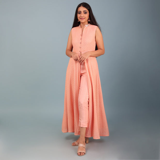 Peach Lucknowi Embroidered Anarkali Gown Set