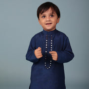 Kids Navy Blue Cotton Silk Kurta With Pyjama Set
