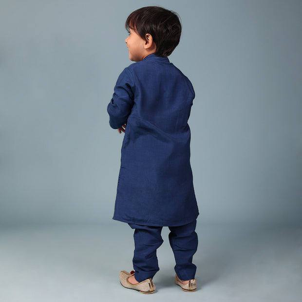 Kids Navy Blue Cotton Silk Kurta With Pyjama Set