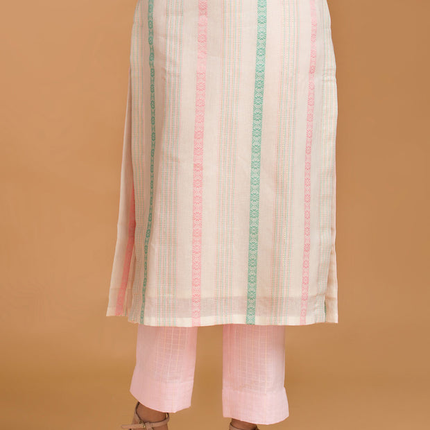 Off White Striped Cotton Kurta with Baby Pink Straight Pants