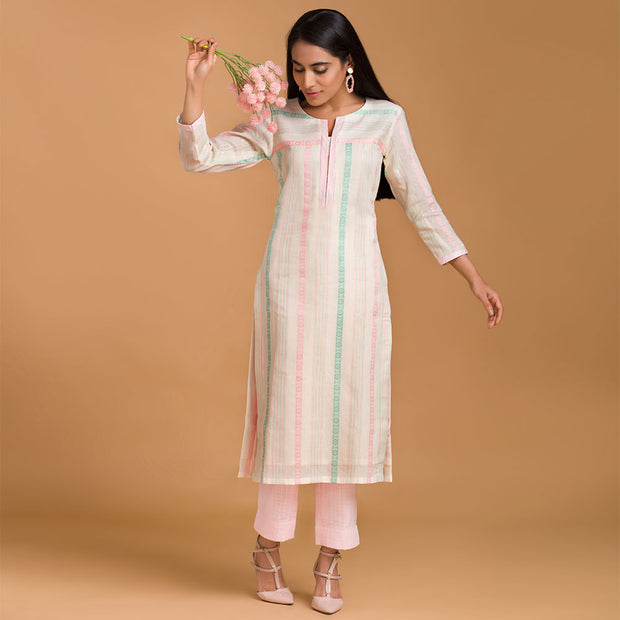 Off White Striped Cotton Kurta with Baby Pink Straight Pants