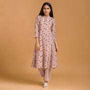 Beige Floral Viscose Muslin Kurta with Straight Pants