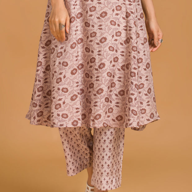 Beige Floral Viscose Muslin Kurta with Straight Pants