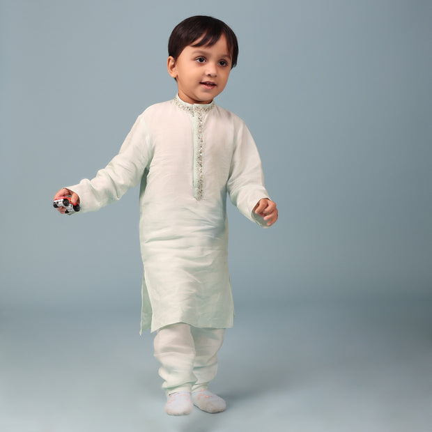 Kids Flourish Green Raw Silk Kurta With Pyjama Set