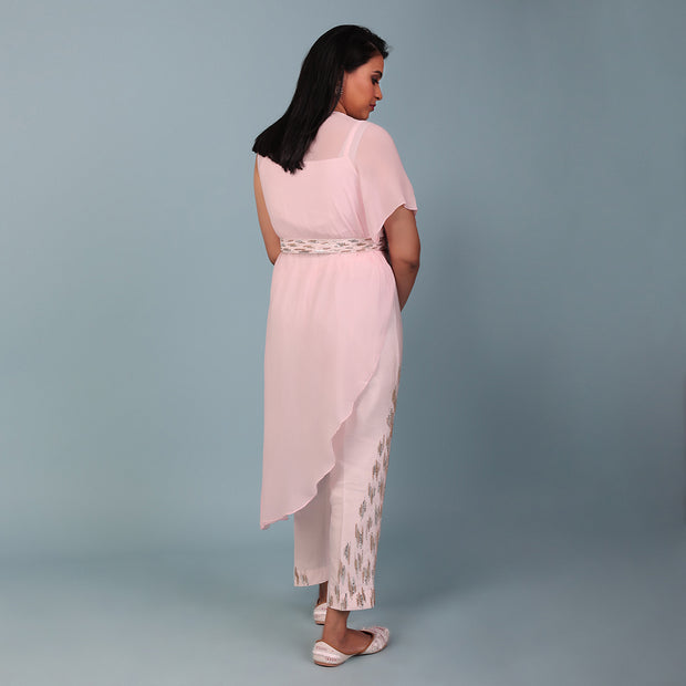 Pale Pink Cape Dress With Fitted Upada Silk Pant And Crop Top