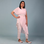 Pale Pink Cape Dress With Fitted Upada Silk Pant And Crop Top