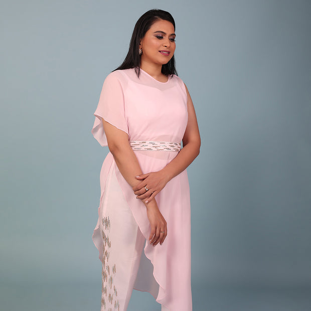 Pale Pink Cape Dress With Fitted Upada Silk Pant And Crop Top