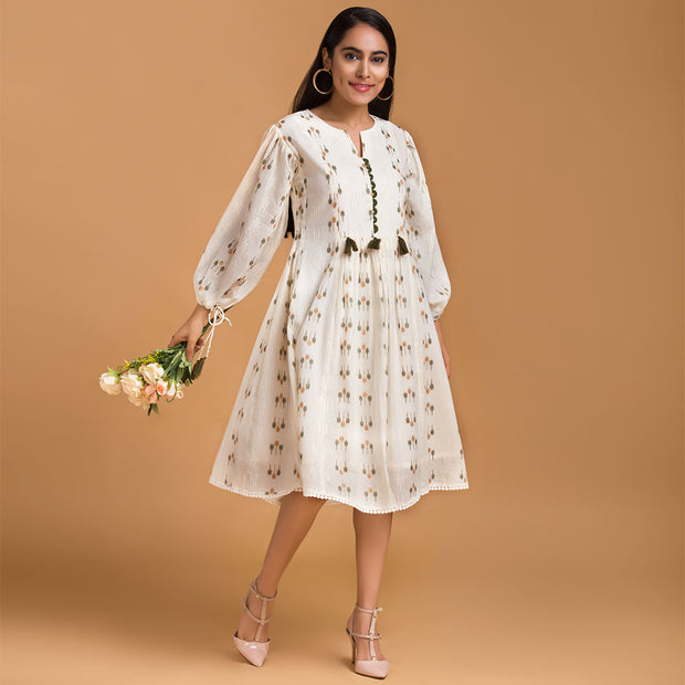 Off White Woven Design Midi Dress