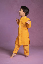 Kids Mustard Pure Linen Kurta With Pyjama Set