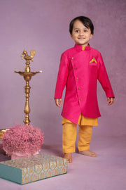 Rani pink jodhpuri jacket with mustard kurta pyjama