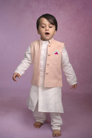 Kids Ivory Solid Linen Kurta With Pyjama & Peach Nehru Jacket