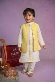 Kids Lemon Yellow embroidered Kurta With Lucknowi Jacket