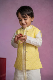 Kids Lemon Yellow embroidered Kurta With Lucknowi Jacket
