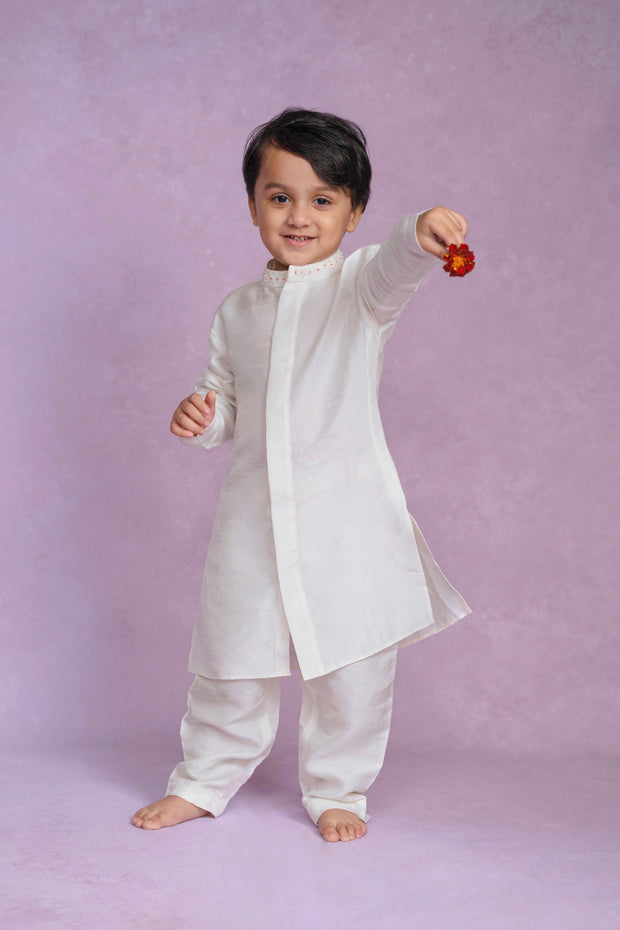 Kids Ivory Raw Silk Kurta With Pyjama Set