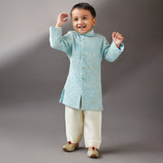 Kids Sky Blue Lucknowi Kurta With Pyjamas For Boys