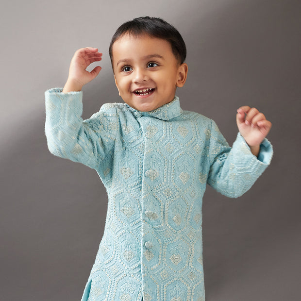 Kids Sky Blue Lucknowi Kurta With Pyjamas For Boys