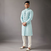 Sky Blue Lucknowi Kurta With Pyjamas Set For Men
