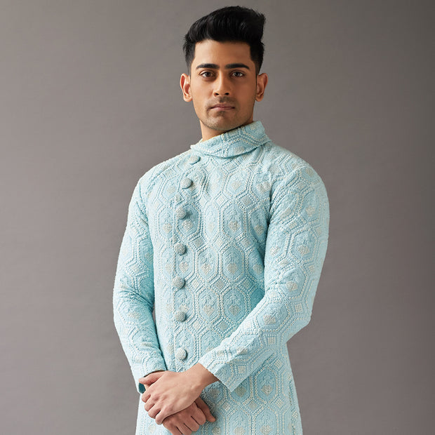 Sky Blue Lucknowi Kurta With Pyjamas Set For Men
