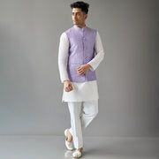 Ivory Solid Linen Kurta With Pant & Nehru Lavender Jacket