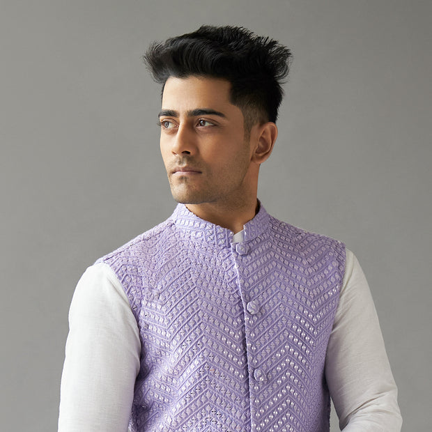 Ivory Solid Linen Kurta With Pant & Nehru Lavender Jacket