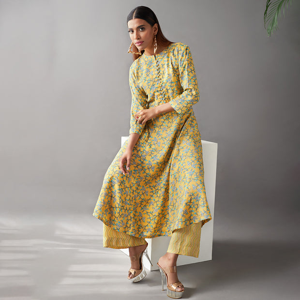 Mustard Floral Viscose Muslin Kurta with Striped Palazzos