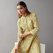 Mustard Floral Viscose Muslin Kurta with Striped Palazzos