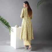 Mustard Floral Viscose Muslin Kurta with Striped Palazzos