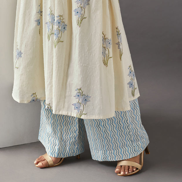 Off-White Floral Dobby Cotton Kurta with Striped Pants