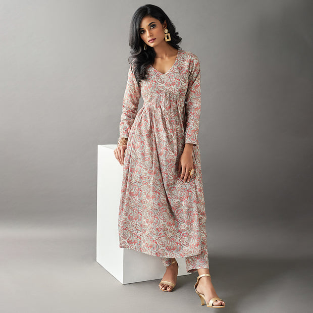 Beige Embroidery Paisley Printed Pure Cotton Kurta With Straight Pants