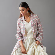 Beige Embroidered Paisley Open Jacket with Off-White Dulux Cotton Dress