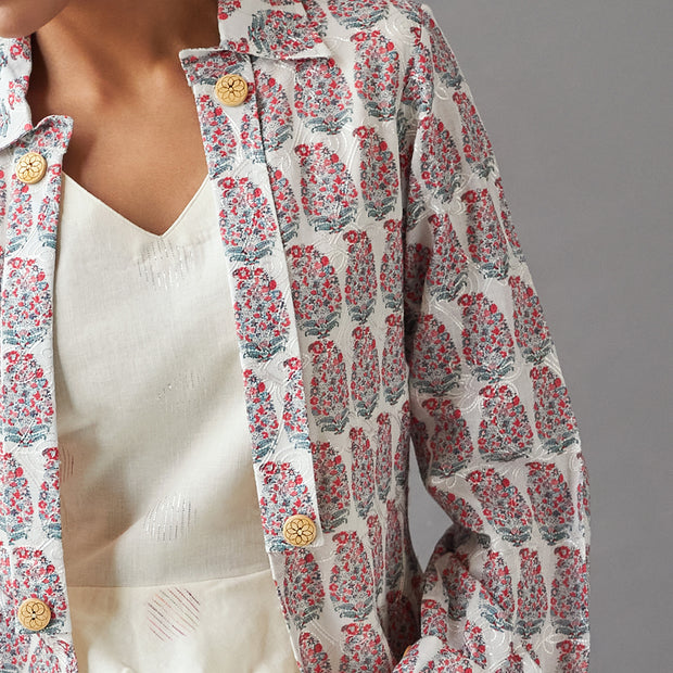 Beige Embroidered Paisley Open Jacket with Off-White Dulux Cotton Dress