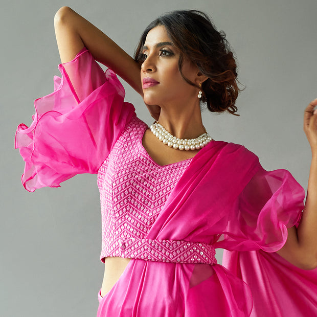 Magenta Solid Ruffled Sari Set